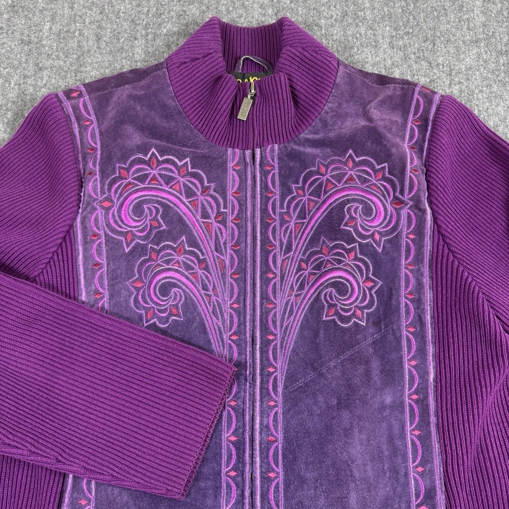 Bob Mackie Wearable Art Women M Purple Leather Embroidered Knit Zip Jacket
